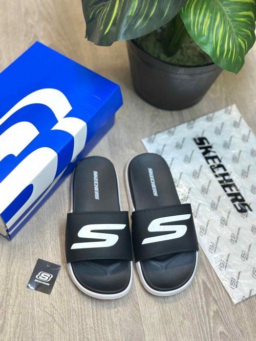 Skechers Soft Comfort Premium Black White Slides - Image 2