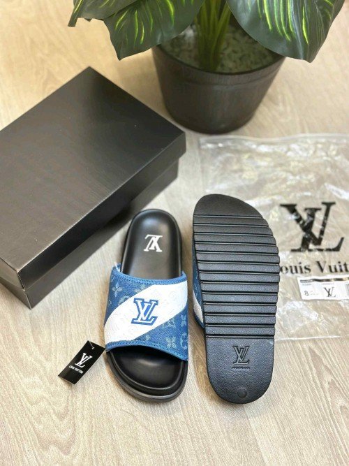 Louis Vuitton Monogram Blue White Black Premium Slides - Image 2