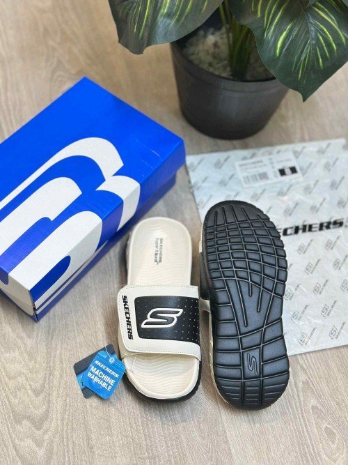 Skechers Go Recover Adjust Premium Beige Black Slides - Image 2