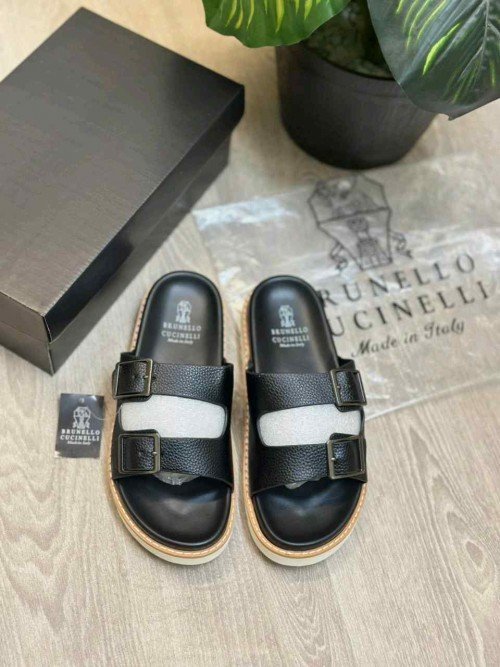 Brunello Cucinelli Style Luxury Double Buckle Leather Strap Premium Black Slides - Image 2