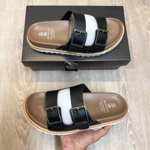 Brunello Cucinelli Style Luxury Double Buckle Leather Strap Premium Tan Brown Slides