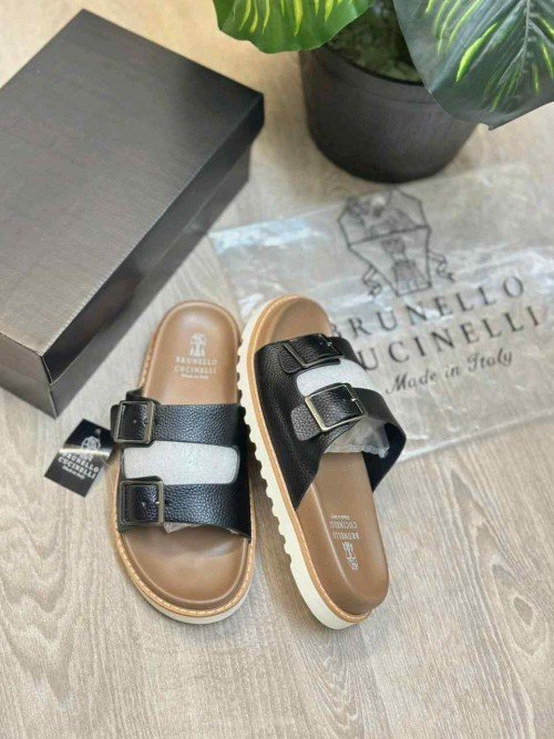 Brunello Cucinelli Style Luxury Double Buckle Leather Strap Premium Tan Brown Slides - Image 2