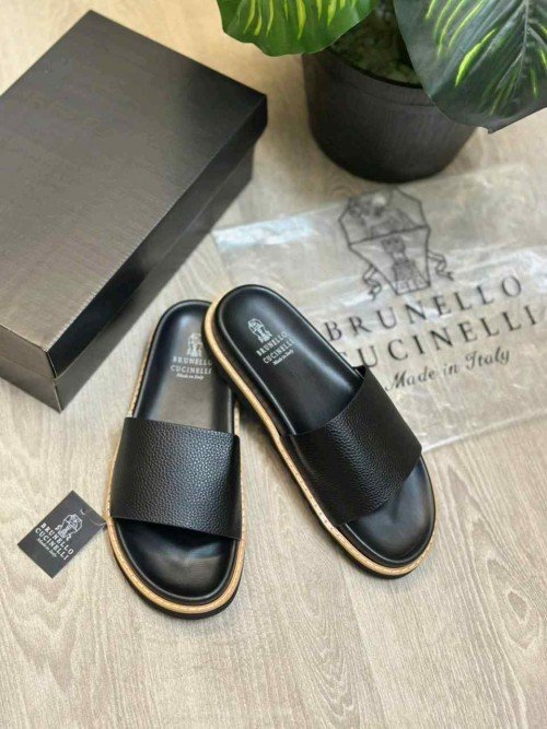 Brunello Cucinelli Style Luxury Leather Strap Premium Black Slides - Image 2