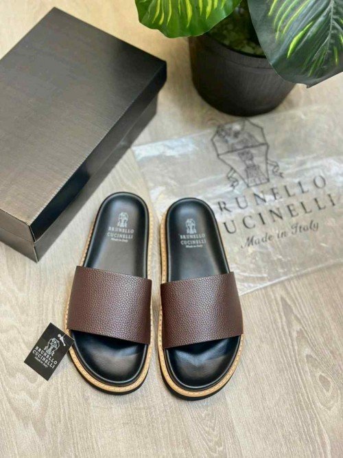 Brunello Cucinelli Style Luxury Leather Strap Premium Brown Slides - Image 2
