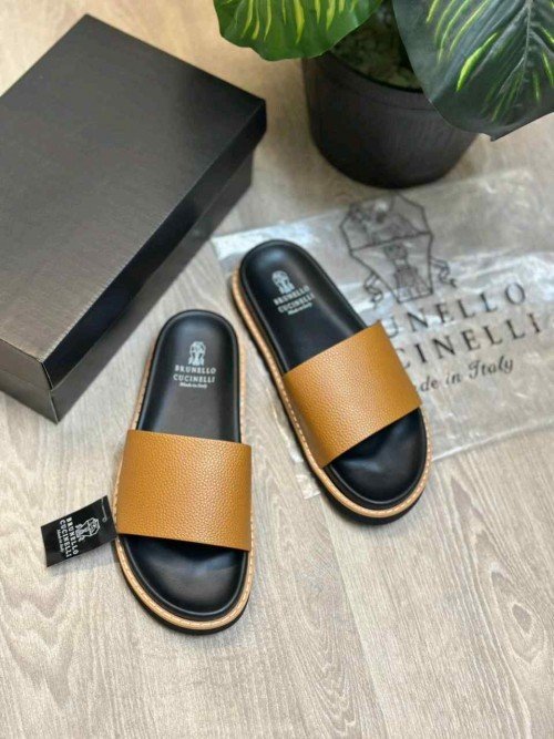 Brunello Cucinelli Style Luxury Leather Strap Premium Tan Slides - Image 2
