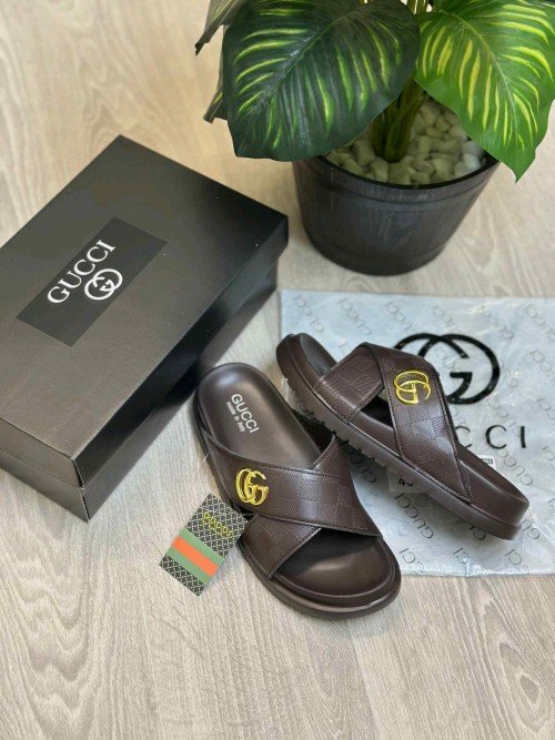 Gucc.i GG Cross Strap Premium Brown Slides - Image 2