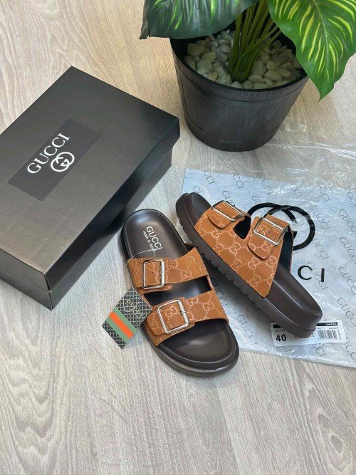 Gucc.i GG Monogram Adjust Double Strap Brown Sandal - Image 2