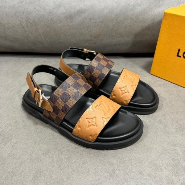 LOUIS_VUITTON_MONOGRAM_EMBOSSED_COWHIDE_STRAP_AND_UNIQUE_PLAID_PATTERN_SANDAL