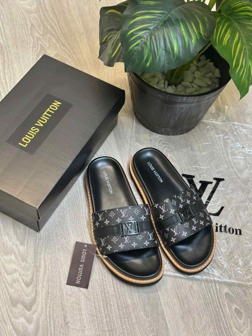 Loui.s Vuitton Monogram Leather Strap LV Logo Buckle Premium Black Slides - Image 2