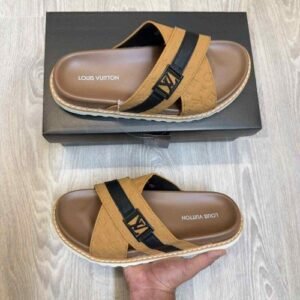 Loui.s Vuitton Monogram Cross-Strap LV Logo Buckle Premium Tan Slides