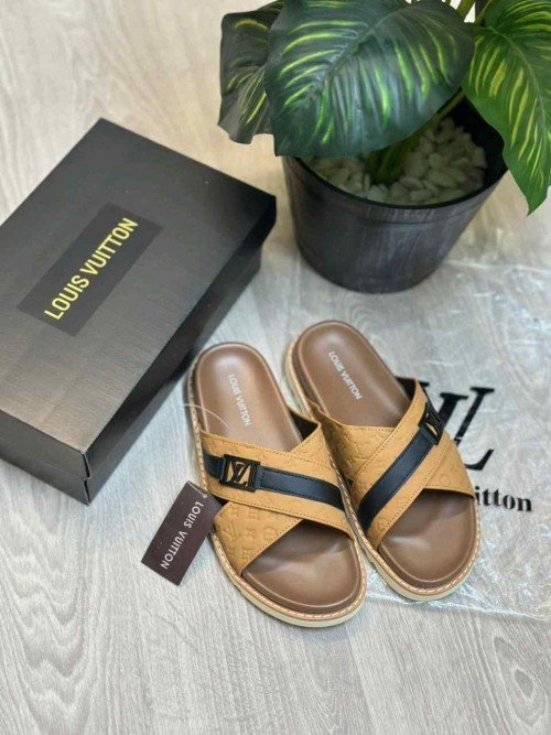 Loui.s Vuitton Monogram Cross-Strap LV Logo Buckle Premium Tan Slides - Image 2