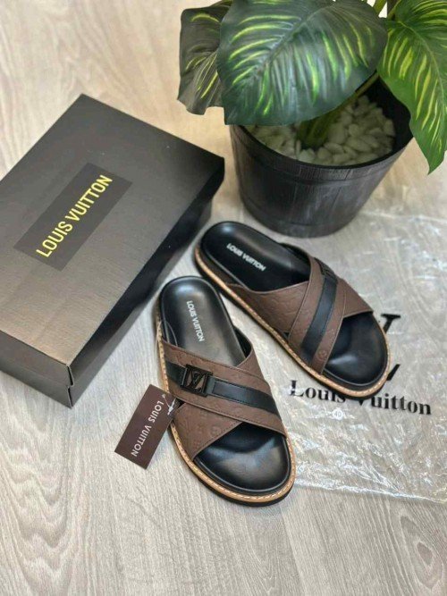 Loui.s Vuitton Monogram Cross-Strap LV Logo Buckle Premium Brown Slides - Image 2
